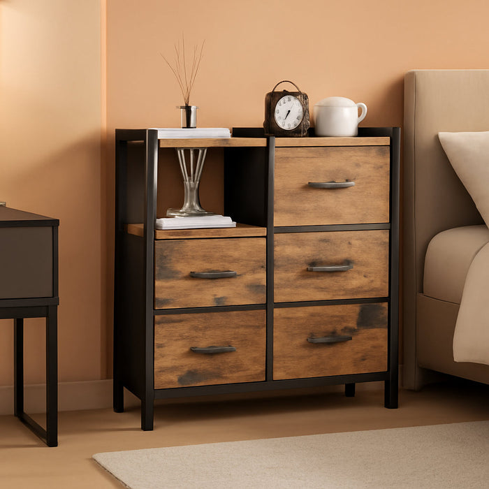 5 Drawer Rustic Brown Dressers for Bedroom 2 Tier Shelf Storage Small Fabric Dresser for Closet Sturdy Metal Frame Modern Style Storage Cabinets Organization Units for Hallway Rooms