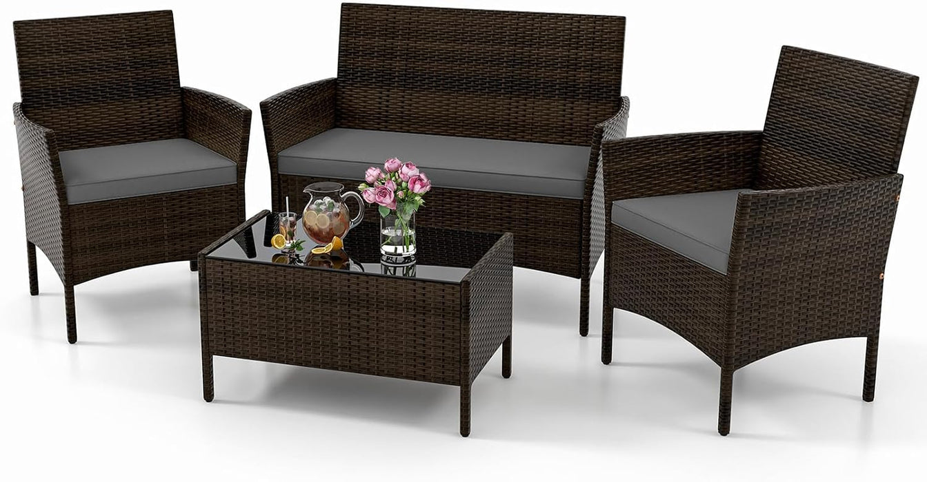 4 Piece Patio Furniture Set, Outdoor Rattan Conversation Set with Loveseat, Wicker Chairs, Tempered Glass Coffee Table, Wicker Patio Set for Backyard, Porch (Grey)