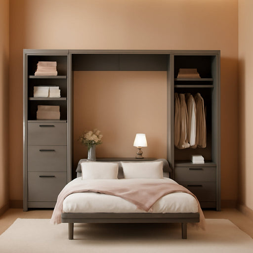 Queen Size Murphy Bed with 1 Closet,3 Drawers and 3 Open Shelves,Wood Folding Murphy Wall Bed (Grey)