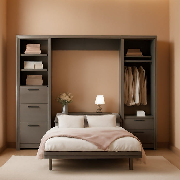 Queen Size Murphy Bed with 1 Closet,3 Drawers and 3 Open Shelves,Wood Folding Murphy Wall Bed (Grey)