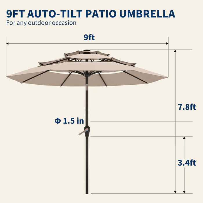 9FT 3 Tiers Patio Umbrella with Auto Tilt and Crank, Outdoor Table Market Umbrella with 8 Sturdy Ribs for Garden, Lawn, Deck, Backyard and Pool