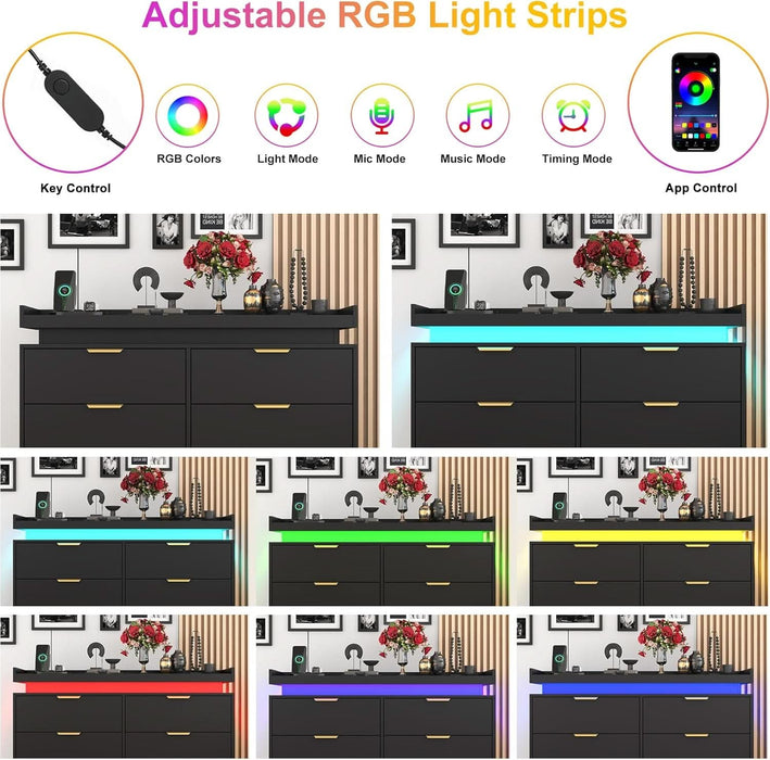 6 Drawer Dresser for Bedroom, Black Dresser with LED Lights and Power Outlet, Modern Chest of Drawers for Closet, Double Wide Drawer Organizer Cabinet for Bedroom, Living Room, Entryway, Hallway