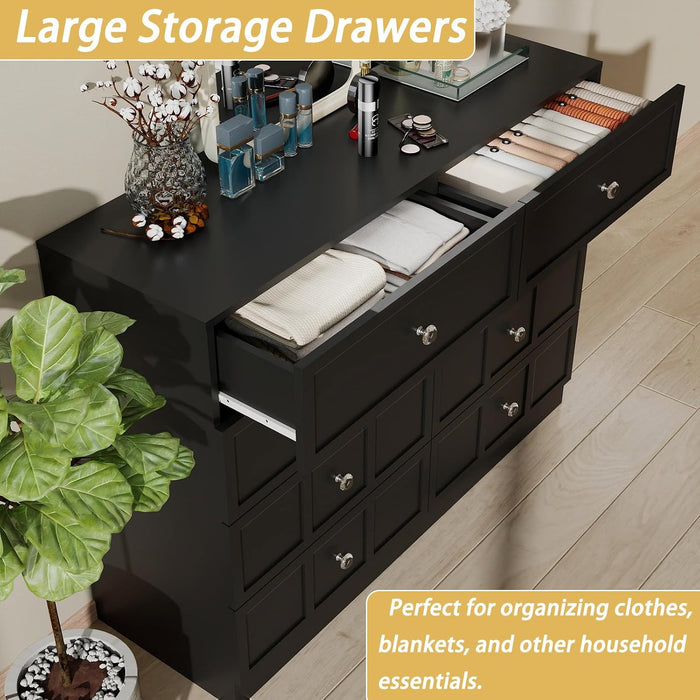 8 Drawer Dresser for Bedroom: 47" Black Chest of Drawers with Deep Drawers