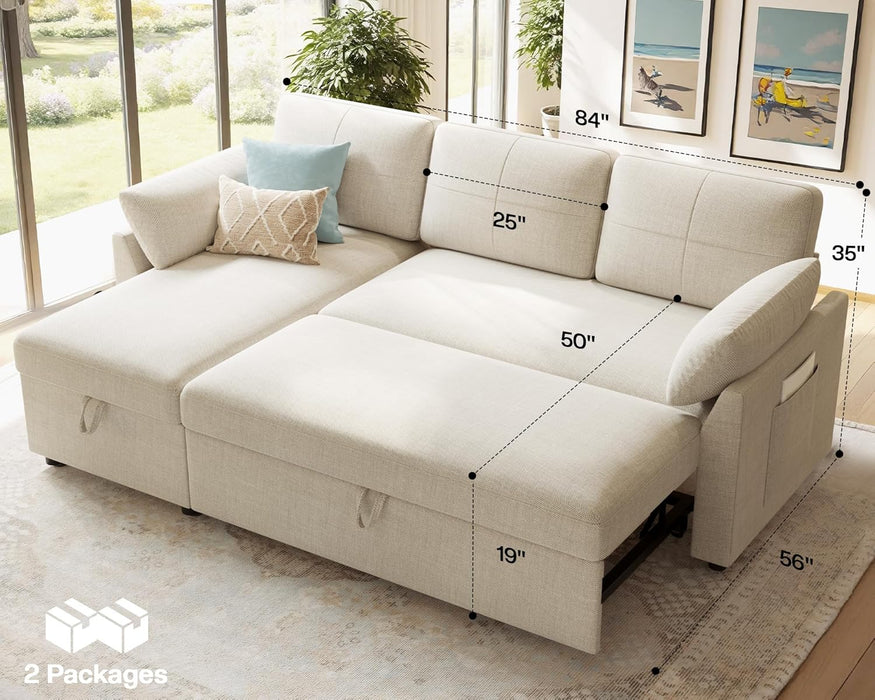 Linen Beige Multifunctional Sleeper Sofa With Storage