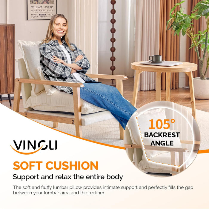 Mid-Century Modern Cloud Accent Armchairs Set of 2 with Lumbar Pillow, 6.3'' Thick Seat Cushion Reading Chairs with Wooden Armrests, Boho Lounge Chair for Bedroom, Living Room, Chenille, Beige