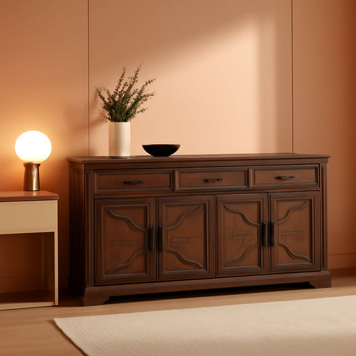 66" Farmhouse Buffet Cabinet with Storage, Sideboard Credenza, Carved Cloud-Inspired Doors, 3 Drawers & Adjustable Shelves, Coffee Bar Cabinet, Dark Brown