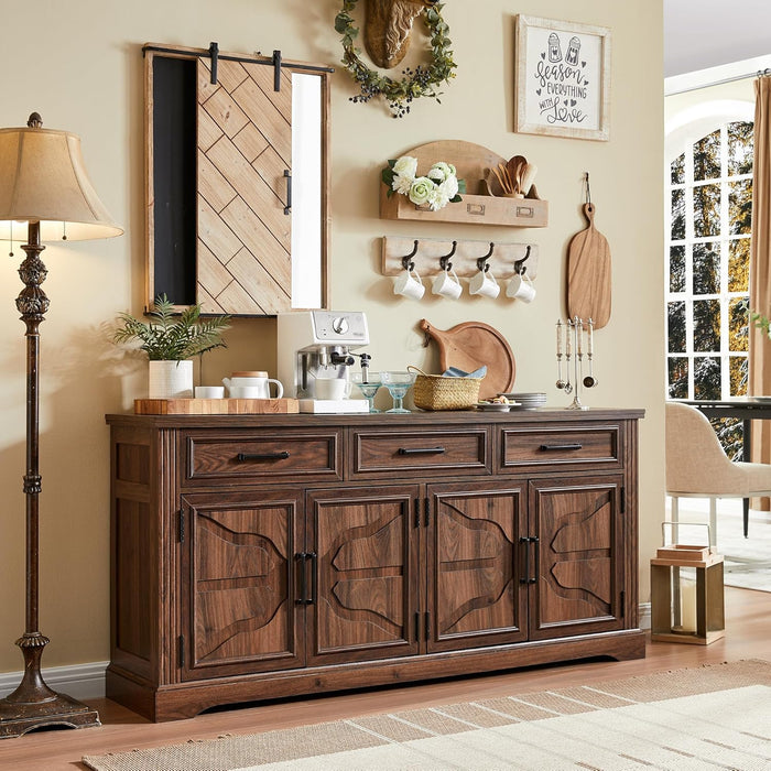 66" Farmhouse Buffet Cabinet with Storage, Sideboard Credenza, Carved Cloud-Inspired Doors, 3 Drawers & Adjustable Shelves, Coffee Bar Cabinet, Dark Brown