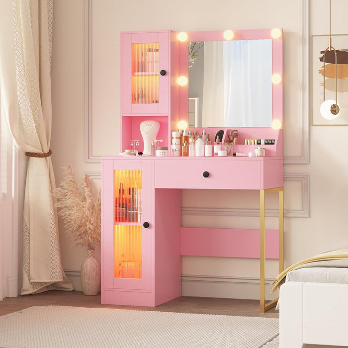 Makeup Vanity Desk with Mirror and Lights, Vanity Table with Charging Station, 2 Open Compartments, 2 Acrylic-Door Cabinets, and RGB Lights Wood Dressing Table for Bedroom