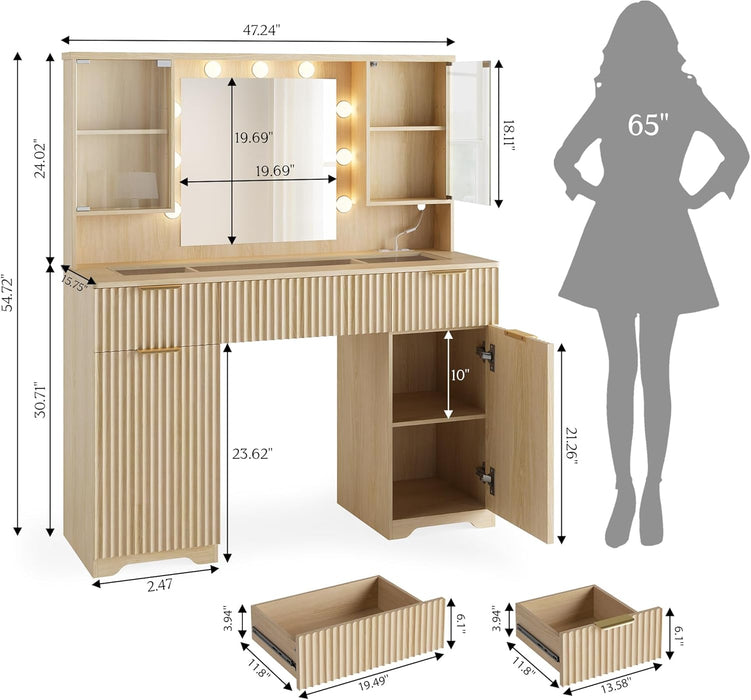Fluted Makeup Vanity Desk with Mirror and Lights, Glass Top 48" Wood Vanities W/Charging Station , Dressing Table W/3 Drawers & 2 Large Storage Cabinets, Dustproof Organizer for Bedroom Gift(Natural)