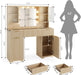 Fluted Makeup Vanity Desk with Mirror and Lights, Glass Top 48" Wood Vanities W/Charging Station , Dressing Table W/3 Drawers & 2 Large Storage Cabinets, Dustproof Organizer for Bedroom Gift(Natural)