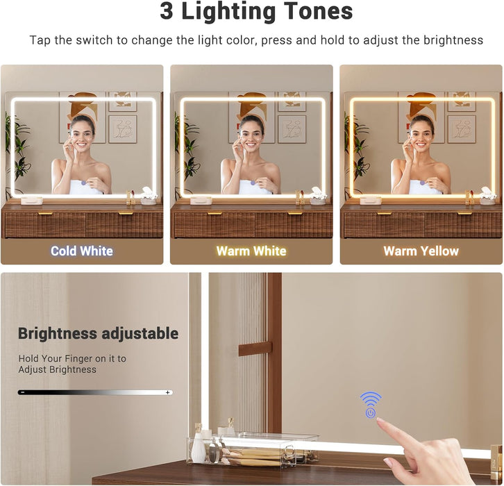 Fluted Vanity Desk with Large 32.7" Mirror and Lights, 47.4" Makeup Vanity with 7 Drawers & Glass Cabinet, Vanity Table with Charging Station & Storage Shelves, Brown