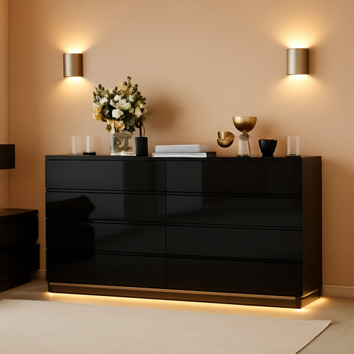 Black Drawer Dresser with LED Light, Modern High Gloss Dresser with 8 Drawers, 63" Long Dresser Double Dresser Storage Chest of Drawer for Bedroom, Living Room, Entryway