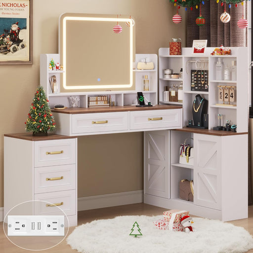 White Vanity Desk with Mirror and Lights 3 Colors, Makeup Vanity Table with Lights & Power Outlets,Makeup Desk with 5 Drawer and Storage Shelves, Jewelry Storage for Bedroom,White Vanity