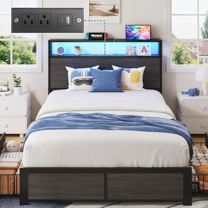 Twin Bed Frame with 2-Tier Storage Headboard, Twin Size Metal Bed Frame with 2 Storage Drawers, 3-In-1 Charging Station & RGB LED, Noise-Free/Metal Support/No Box Spring Needed, Rustic Grey