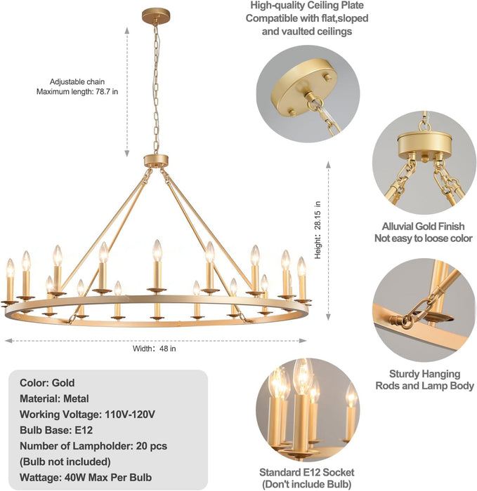 Gold Wagon Wheel Chandelier 48-Inch 20-Light,Extra Large Circle Rustic Farmhouse Light Fixture,Round Metal Chandeliers for Foyer Entryway Dining Room Living Room High Ceilings (E12 Base)