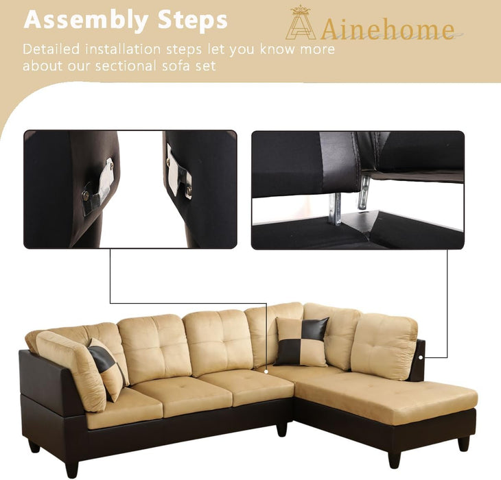2 Pieces Sectional Sofa Sets, L-Shape Sofa Microfiber Couch Living Room Sofa Set with Chaise Using for Living Room Furniture(A-Beige, Right Hand Facing)