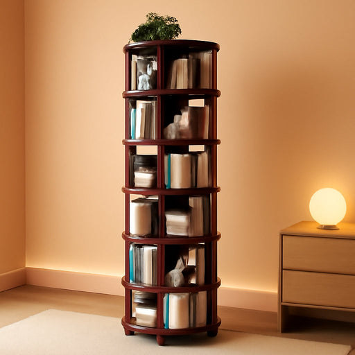 6 Tier 360° Rotating Solid Wood Bookshelf with Wheels | ,Lazy Susan Circular Spinning Revolving Corner Bookcase, Freestanding Storage Shelf for Bedroom Small Space, Walnut