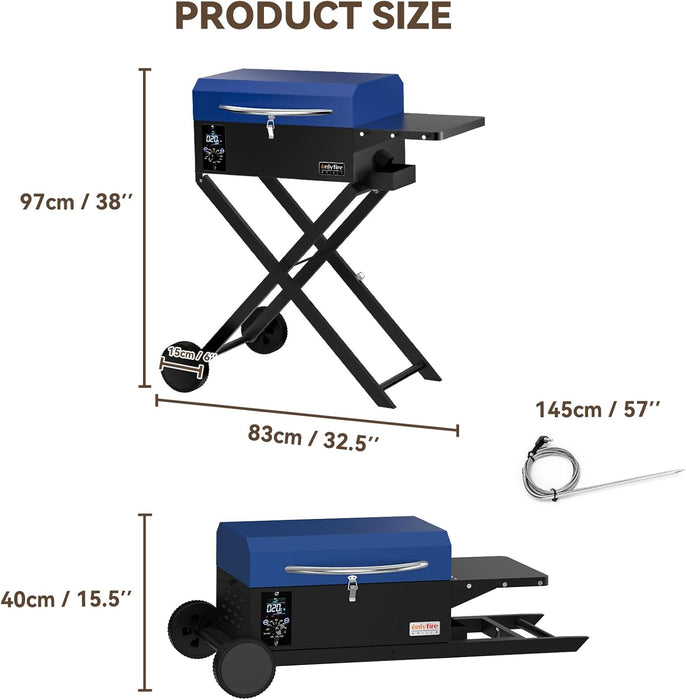 BBQ Wood Pellet Grill Smoker with Foldable Cart, Meat Probe, 2 Tiers Cooking Area, Portable Smoking Grilling Stove for Outdoor Patio Cooking, RV Camping Tailgating, Blue GS342