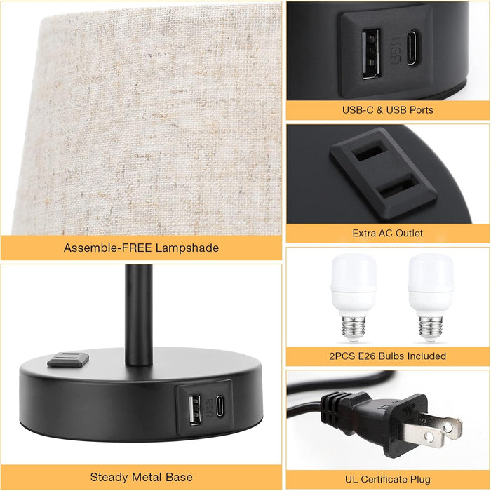 Black Nightstand Lamps Multifunction USB C Dimmable