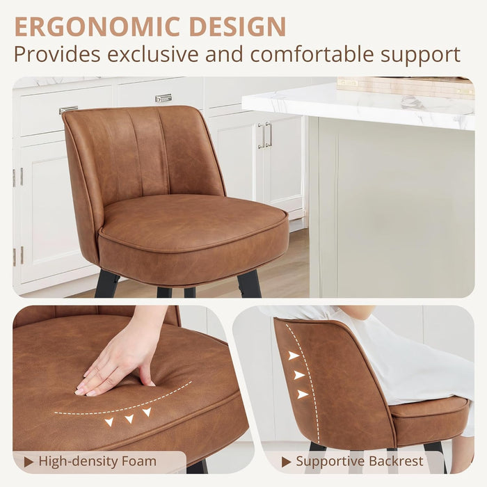 360 - Degree Swivel Bar Stools Set of 3, 26" Counter Height Bar Stools with High Back and Wood Legs, Morden Faux Leather Upholstered Barstools for Kitchen Counter - ShipItFurniture