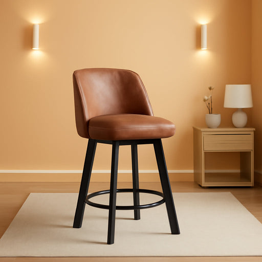 360 - Degree Swivel Bar Stools Set of 3, 26" Counter Height Bar Stools with High Back and Wood Legs, Morden Faux Leather Upholstered Barstools for Kitchen Counter - ShipItFurniture