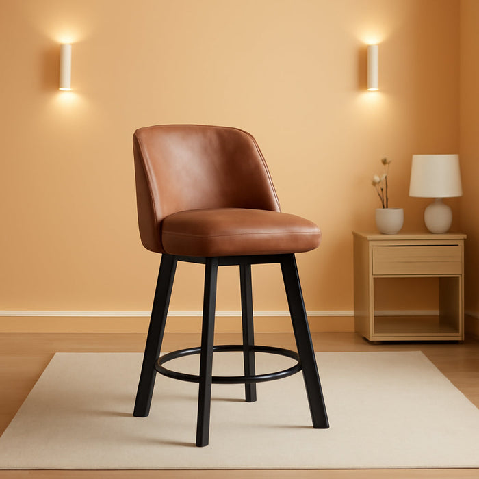 360 - Degree Swivel Bar Stools Set of 3, 26" Counter Height Bar Stools with High Back and Wood Legs, Morden Faux Leather Upholstered Barstools for Kitchen Counter - ShipItFurniture