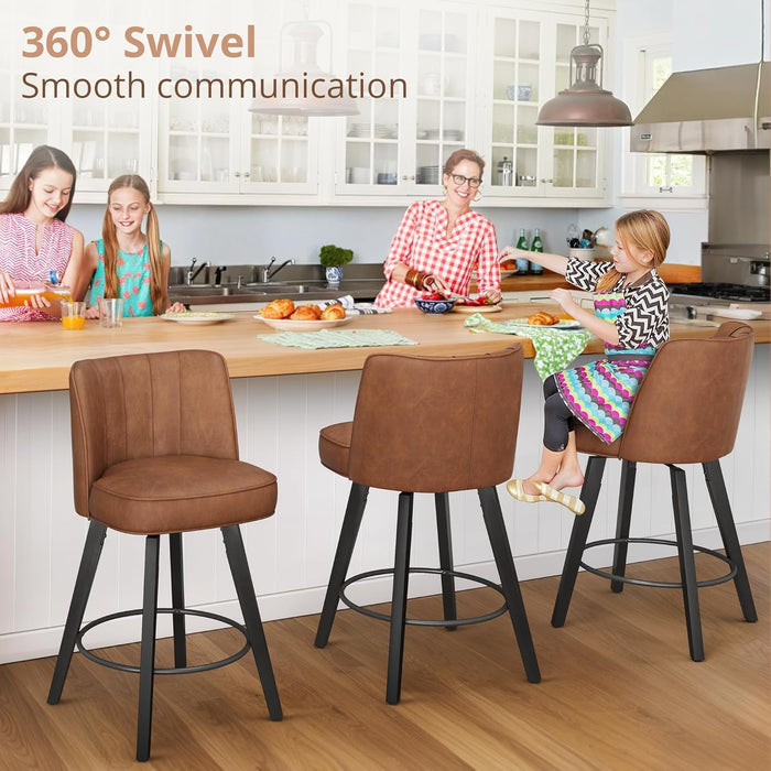 360 - Degree Swivel Bar Stools Set of 3, 26" Counter Height Bar Stools with High Back and Wood Legs, Morden Faux Leather Upholstered Barstools for Kitchen Counter - ShipItFurniture