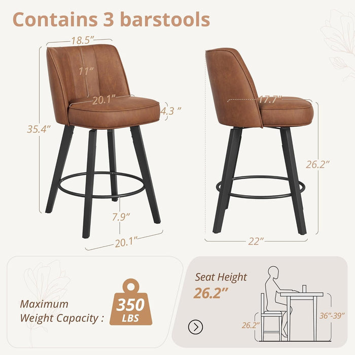360 - Degree Swivel Bar Stools Set of 3, 26" Counter Height Bar Stools with High Back and Wood Legs, Morden Faux Leather Upholstered Barstools for Kitchen Counter - ShipItFurniture