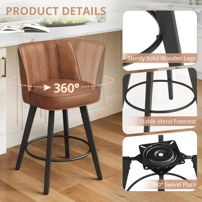 360 - Degree Swivel Bar Stools Set of 3, 26" Counter Height Bar Stools with High Back and Wood Legs, Morden Faux Leather Upholstered Barstools for Kitchen Counter - ShipItFurniture