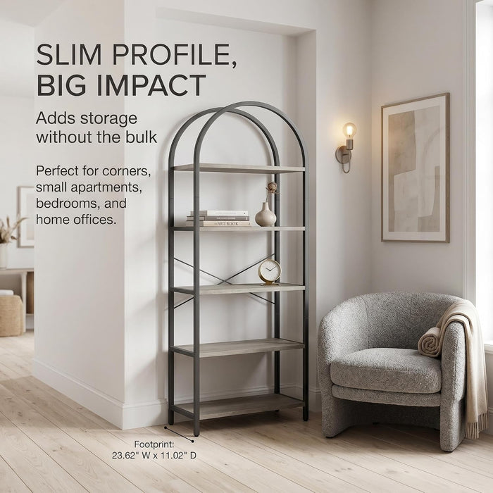 71" Arched Bookcase, 5-Tier Industrial Bookshelf with Metal Frame, Tall Storage Display Shelf for Living Room, Bedroom, Home Office, Gray