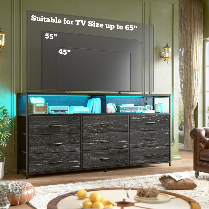 55" W Dresser for Bedroom with 9 Drawers LED TV Stand with Power Outlets for 45, 55, 65 Inch TV Sturdy Long Chest of Drawers with Extra 2 Wooden Shelves Steel Frame Grain Black