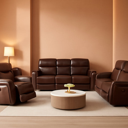 Power Recliner Sofa Set with LED, Breathing Leather Reclining Sofa Set, Living Room Set Recliner Couch Loveseat with USB Port/Cup Holder/Storage for Living Room (3 Pieces Couch Set, Brown)