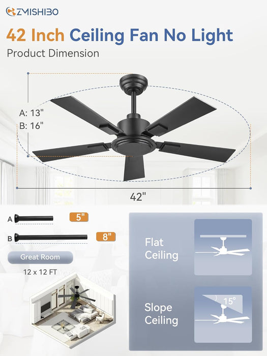 42 Inch Ceiling Fan No Light, Black Ceiling Fan without Lights, Quiet Reversible DC Motor, 6-Speeds, Small Ceiling Fan with Remote for Bedroom, Living Room, Patio, Indoor/Outdoor Use