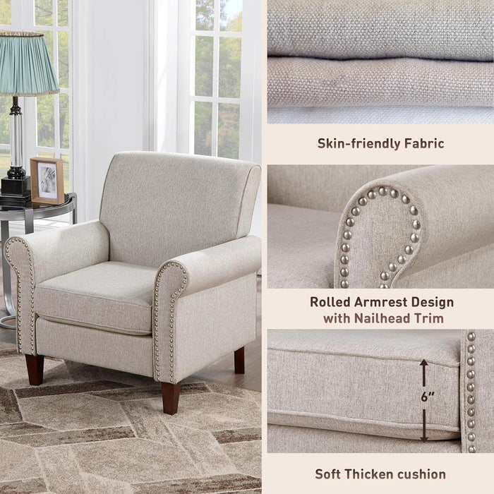 Upholstered Living Room Chair - Large Comfy Fabric Accent Chair Single Sofa with Cushion, Rolled Armrest & Nailhead Trim, Mid Century Farmhouse Armchair for Bedroom, Office, Beige