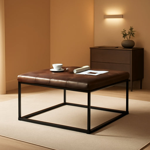 Square Ottoman Coffee Table, Faux Leather Ottoman Foot Rest Upholstered Button Tufted Ottoman for Living Room with Metal Frame, Yellowish Brown & Black Base