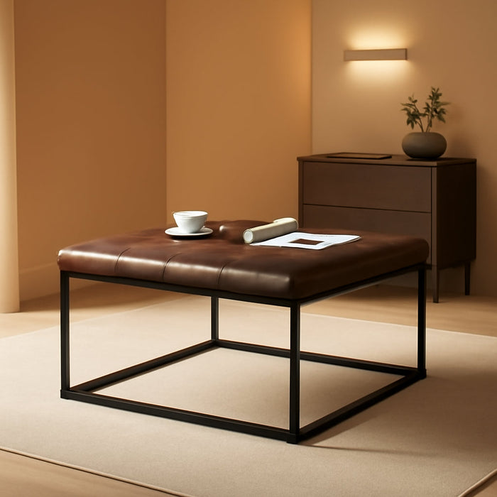 Square Ottoman Coffee Table, Faux Leather Ottoman Foot Rest Upholstered Button Tufted Ottoman for Living Room with Metal Frame, Yellowish Brown & Black Base