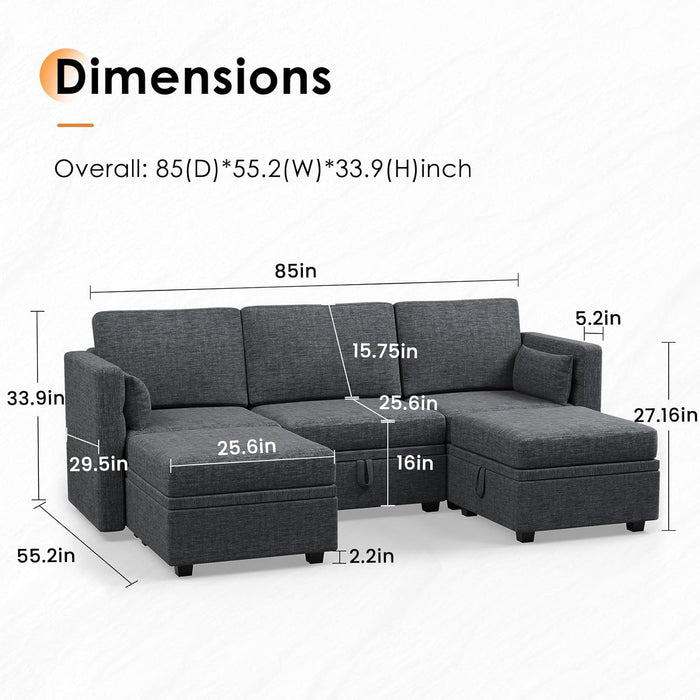 Modular Sectional Sofa, 5 Seats Chenille Sofa Set for Living Room, Convertible U Shaped Sectional Couch with Lagre Storage Ottoman, Sleeper Sofa for Office, Dark Gray