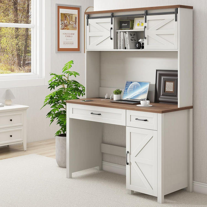 Farmhouse 47" Executive Desk, Computer Desk with 2 Drawers, LED Light and Storage Cabinet, Home Office Desk with Hutch, Charging Hub, Workstation for Home Office and Study,Unique White.