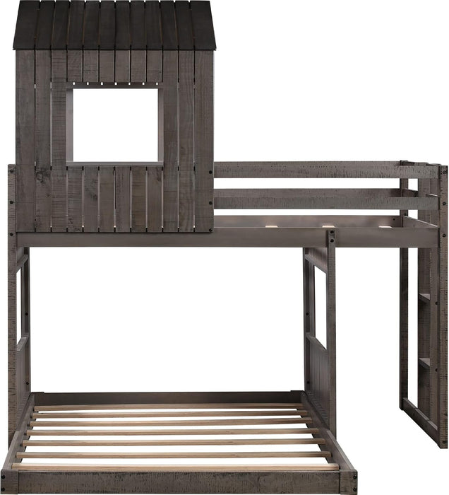 Antique Gray TwinOverFull BunkBedWithRoofAndGuardrails