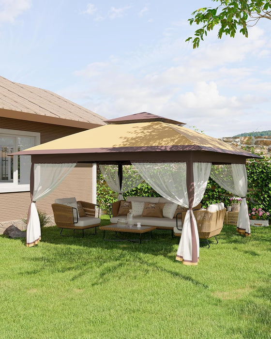 Canopy Tent 12X12 Ft, Pop up Gazebo One-Push Setup with 4 Sandbags for Backyard Parties and Bbqs, Mosquito Netting & Height Adjustable - Khaki & Coffee