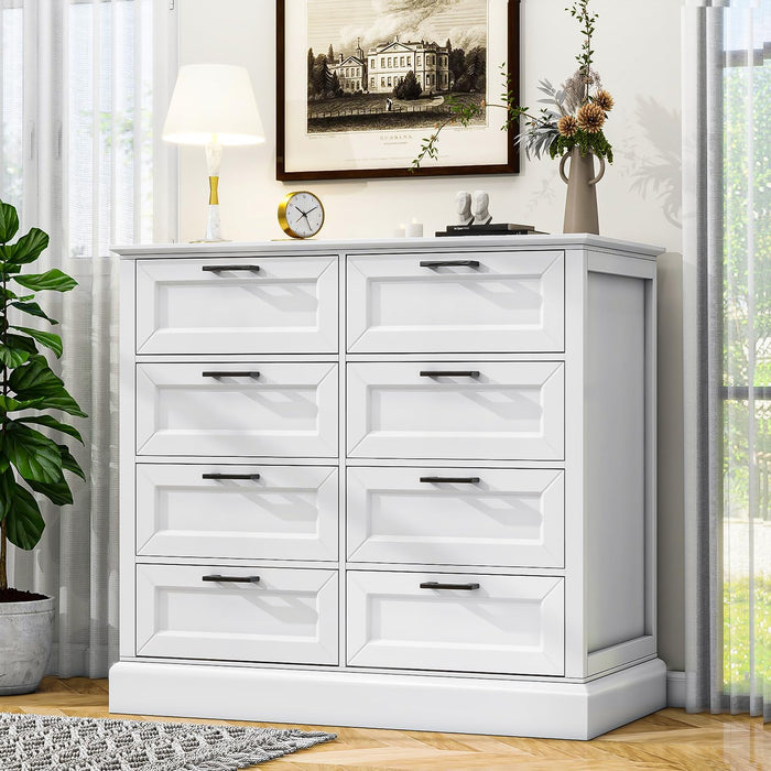 White Dresser for Bedroom, Chest of Drawers, Large Modern Farmhouse Storage for Closet, 8 Drawers Dresser Storage Drawers, 39.3” Tall Wood Clothing Storage with Black Handles