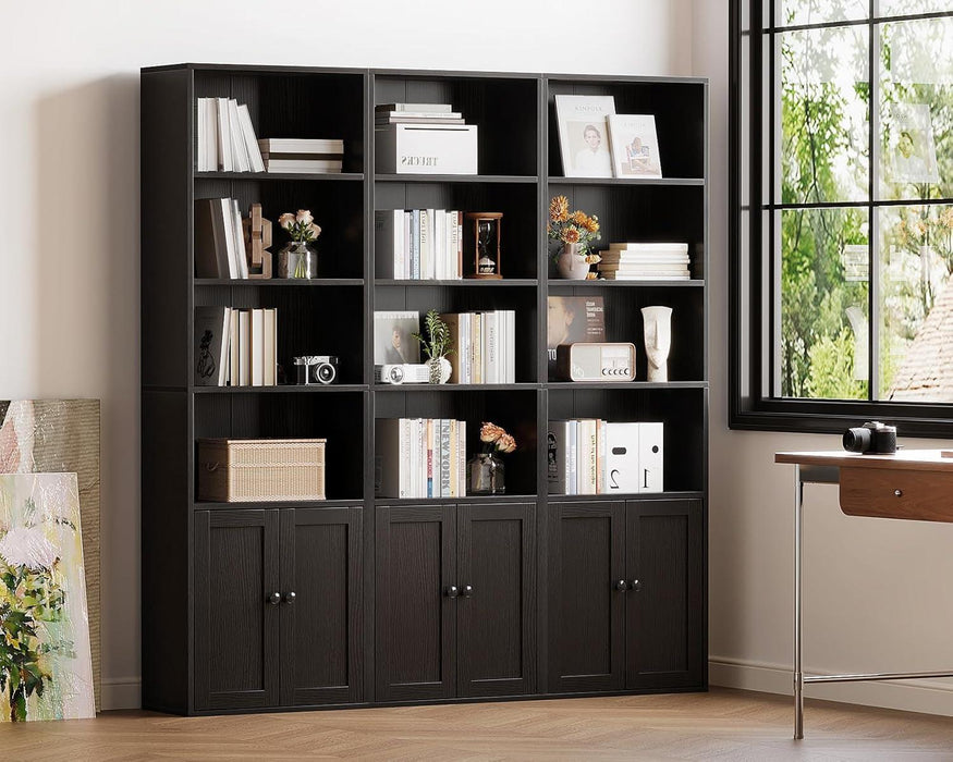 Bookshelf and Bookcase with Doors, Floor Standing 6-Tier Shelf Display Storage Shelves, Tall Bookcases for Home Office, Living Room, Black