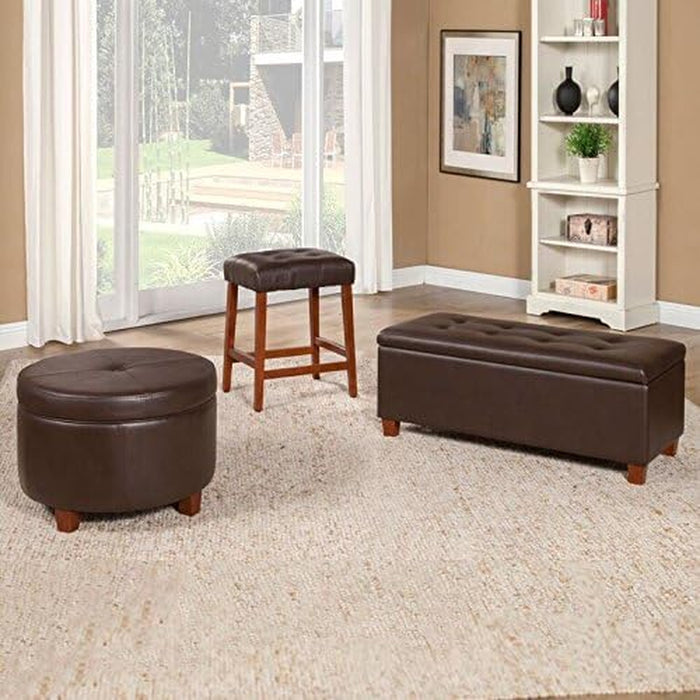 round Leatherette Storage Ottoman with Lid, Chocolate Brown Large
