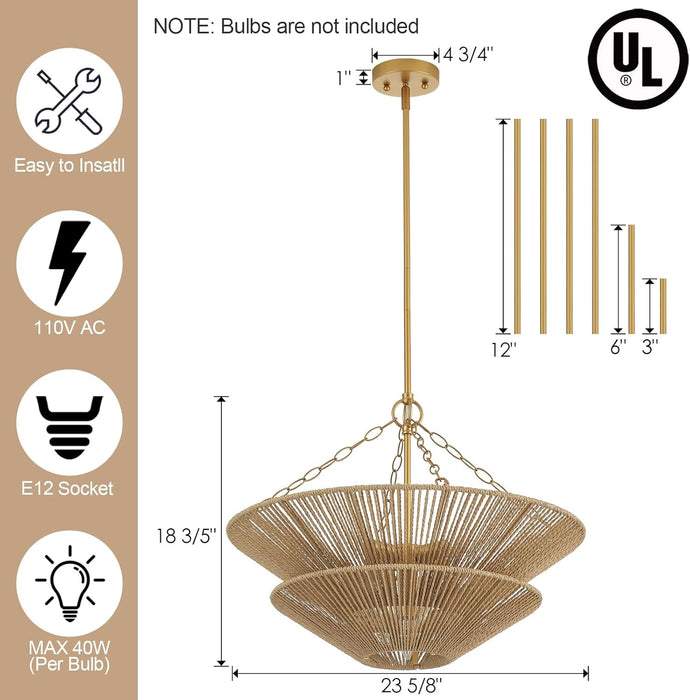 Modern Farmhouse Chandelier for Dining Room, 5-Lights Gold Chandelier for Entryway, Hand-Woven Rattan Pendant Light for Bedroom Kitchen Living Room
