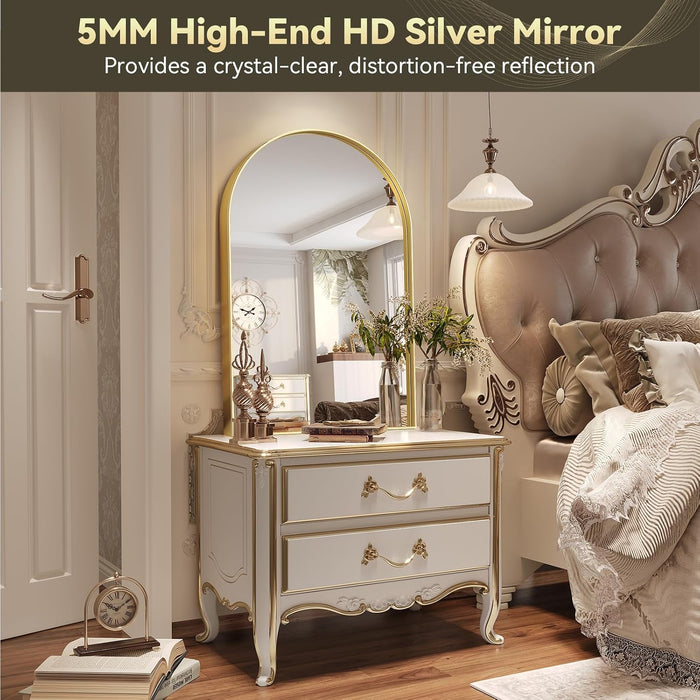 Gold Arched Mirror, 24 X 32 Inch Arch Wall Mirror, Brass Metal Frame Bathroom Mirror, Arched Top Bathroom Vanity Mirror for Living Room Bedroom Mantel Entryway Hallways