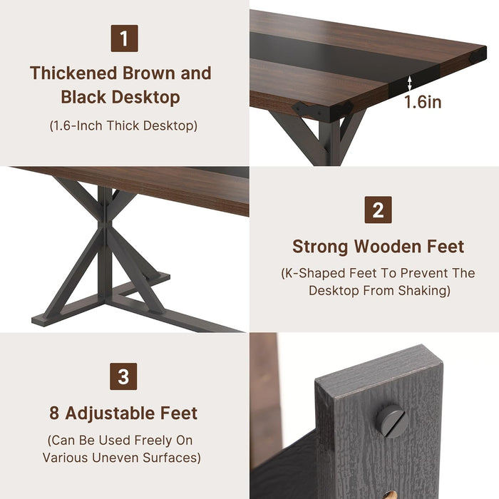 71 Inch Dining Table for 6 People, Rectangular Kitchen Farmhouse Table W/Thickness Waterproof Wood Tabletop,Long Dining Room Tables W/Wood Strip Base for Kitchen Living Room(Brown&Black)