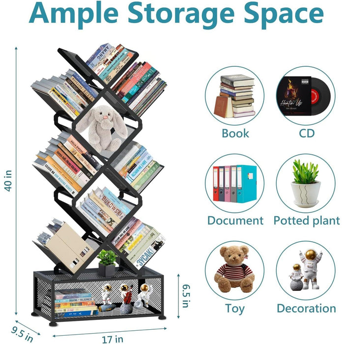 9 Tier Tree Bookshelf,Small Bookcase with Storage Cabinet, Modern Tall Narrow Folding Metal Bookcase，Floor Standing Book Shelf for Bedroom/Living Room/Home Office/Corner,Black