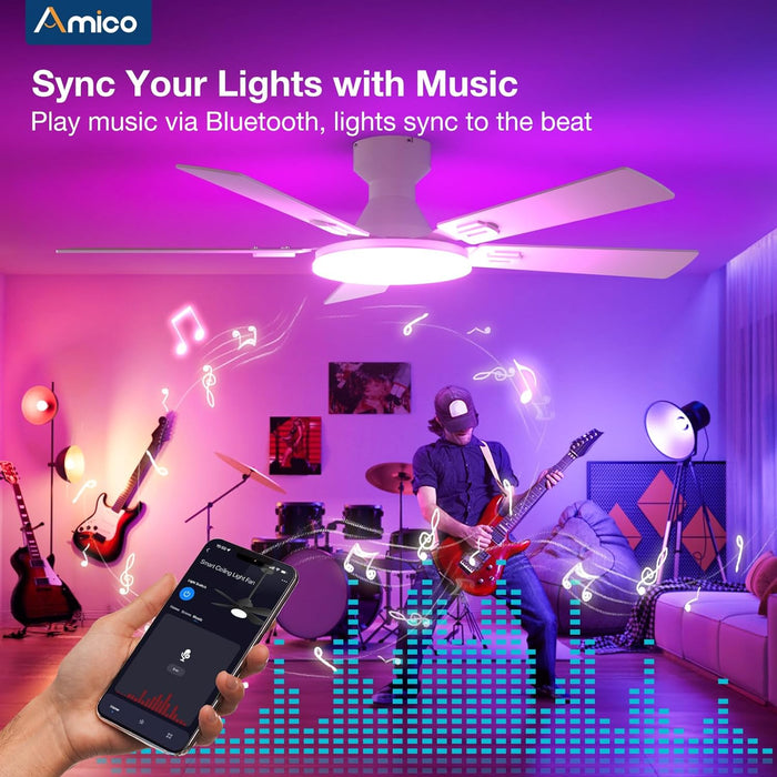 Ceiling Fans with Lights, 52'' Smart RGB Ceiling Fan with Remote/App/Alexa Control, Flush Mount, Reversible DC Motor, 5 Blades, 6 Speeds, 3CCT, Dimmable, Noiseless, Bedroom, Living Room, White