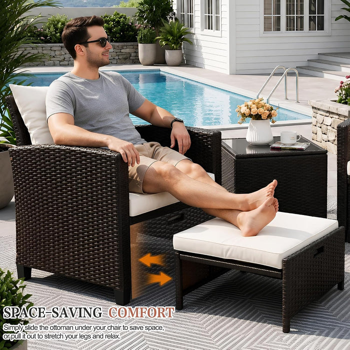 Patio Chair with Ottoman, 5 Pieces Patio Furniture Set Small Balcony Furniture, Rattan Patio Chairs Set of 2 with Glass Table for Front Porch Garden (Beige)