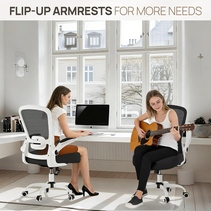 Ergonomic Office Chair - Desk Chair with Flip-Up Armrests & 135° Recline, Adjustable Lumbar Support - Space-Saving Task Chair for Business/Team Office & Home (White Frame-Black, 300Lbs)